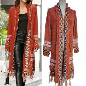 Size L Bohemian Knit Long Sweater Duster fringed Cardigan Brick Red With Pockets
